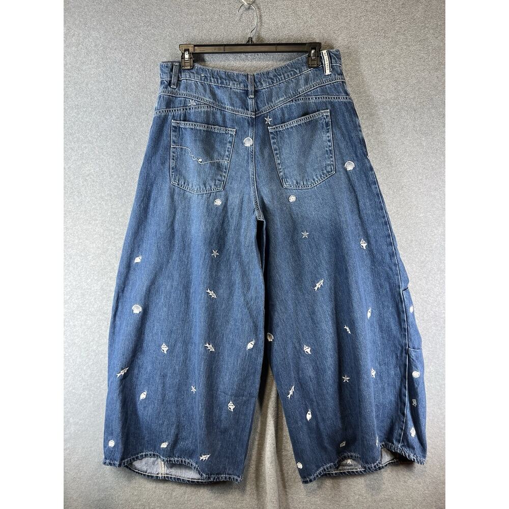Free People Westward Demim Jean Size 33 “ Under The Sea” Wide Leg Embroidered - Picture 4 of 10